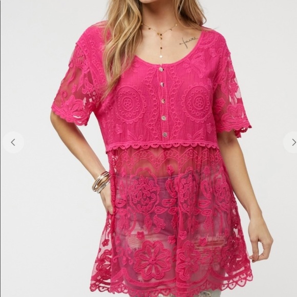 Crochet round neck button down top. - Picture 3 of 5